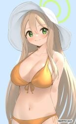 1girls 2d 2d_(artwork) 2d_artwork bare_arms bare_belly bare_chest bare_hips bare_legs bare_midriff bare_navel bare_shoulders bare_skin bare_thighs beach_hat belly belly_button bikini bikini_bottom bikini_only bikini_top blue_archive blue_background blush blush_face blushing_at_viewer blushing_female blushing_lines breasts brown-haired_female brown_hair cleavage closed_mouth_smile collarbone digital digital_art digital_drawing digital_drawing_(artwork) digital_media digital_media_(artwork) exposed_arms exposed_belly exposed_chest exposed_hips exposed_legs exposed_midriff exposed_navel exposed_shoulders exposed_skin exposed_thighs eyebrows_visible_through_hair female female_focus female_only front-tie_bikini front-tie_bikini_top green-eyed_female green_eyes green_halo hair_between_eyes halo halterneck large_breasts lean_figure long_hair looking_at_viewer midriff narrow_waist navel nonomi_(blue_archive) nonomi_(swimsuit)_(blue_archive) orange_bikini orange_bikini_bottom orange_bikini_top orange_swimsuit orange_swimwear shoulders side-tie_bikini simple_background skeptycally slender_body slender_waist slim_waist smile smiley_face smiling smiling_at_viewer solo standing string_bikini swimsuit swimwear upper_body