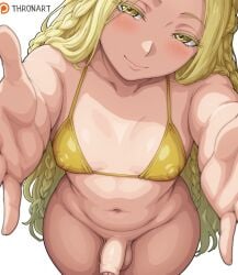 1boy 1femboy ai_generated balls blonde_hair blush blush_lines bottomless braided_hair chubby collarbone colored_eyelashes covered_nipples elden_ring femboy flaccid flaccid_penis foreskin fromsoftware head_tilt huge_ass huge_hips huge_thighs large_penis light_smile looking_at_viewer male male_focus miquella miquella_the_kind penis plump reaching_towards_viewer seductive_smile shadow_of_the_erdtree solo solo_femboy solo_focus testicles thick thick_ass thick_thighs thronart uncircumcised wide_hips yellow_bikini_top yellow_eyes