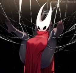 ai_assisted ai_generated arthropod artist_name blank blush bondage bound breasts cloak cmiurai colored_skin eyes feet female girl hollow_eyes hollow_knight hollow_knight:_silksong horns large legs mask milf patreon red_cloak restrained silk silksong soles solo spider spread suspension toe username web