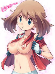 bandana blue_eyes breasts brown_hair female gloves human human_only large_breasts may_(pokemon) navel nipples no_bra nude open_clothes open_shirt pokemoa pokemon pokemon_(anime) shirt short_hair solo topless undressing