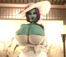1girls 3d 3d_(artwork) absurd_res absurd_resolution areola_slip areolae areolae_slip bare_shoulders big_breasts big_hips blue_skin blue_skinned_female breasts breasts_bigger_than_head breasts_bigger_than_torso cleavage clothed clothed_female enormous_breasts female female_only gigantic_breasts gloves hat heterochromia hi_res high_resolution highres hips hourglass_figure hourglass_figured_female huge_breasts large_breasts large_hips long_ears long_pointy_ears looking_at_viewer massive_breasts narrow_waist no_bra no_bra_under_clothes pointy_ears purple_hair slim_waist small_waist solo solo_female soria strapless_dress sun_hat tiny_waist upper_body vaako very_high_resolution wasp_waist white_gloves white_hat wide_hips