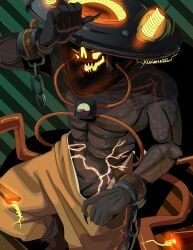 chains deadlock electricity electricity_manipulation glowing_eyes glowing_mouth prisoner pulling_pants seven_(deadlock) shackles wires