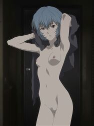 absurdres after_bathing ayanami_rei blue_hair breasts censored commentary_request completely_nude door drying drying_hair drying_own_hair female highres holding holding_towel medium_breasts mosaic_censoring navel neon_genesis_evangelion nude pubic_hair red_eyes revision salmon_knight short_hair solo standing stomach thighs towel