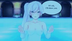 1girls breasts dialogue koikatsu looking_at_viewer naked nipples partially_submerged perfect_idiot pool reze_in_the_pool_(meme) rwby speech_bubble water weiss_schnee white_hair