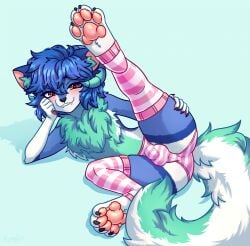 2023 anthro ass black_claws blue_background blue_body blue_fur blue_hair blush bottomwear bulge canid canine claws clothing colored detailed_bulge digital_drawing_(artwork) digital_media_(artwork) eyelashes fangs fluffy fur green_body green_fur green_horn hair half-closed_eyes heart_eyes heart_symbol hi_res horn konejo legwear looking_at_viewer lying male male_only mammal narrowed_eyes on_side one_leg_up panties pattern_bottomwear pattern_clothing pattern_legwear pattern_panties pattern_stockings pattern_underwear pawpads pink_pawpads raised_leg shaded short_hair simple_background solo stockings striped_bottomwear striped_clothing striped_legwear striped_panties striped_stockings striped_underwear stripes tail teeth underwear yellow_eyes