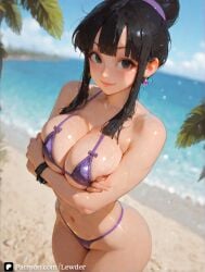 1girls ai_generated black_eyes black_hair bouncing_ass bouncing_breasts brown_eyes chichi closed_mouth cowgirl_position dragon_ball dragon_ball_super dragon_ball_z ecstasy english_text erect_nipples feet female female_on_bikini heart heart_eyes heart_symbol hi_res horny horny_female huge_breasts impregnation large_breasts lewder light_skin looking_at_viewer low-angle_view ntr outdoors pussy saliva sex soles standing sweat sweatdrop text toei_animation tongue tongue_out uncensored watermark