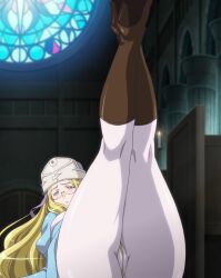 1girls big_breasts blonde_hair blue_eyes blush breasts busty clothing come_hither copyright_request flustered glasses hips large_breasts looking_at_viewer milf nun pantyhose screencap skin_tight stitched thick_thighs thighs thong wide_hips