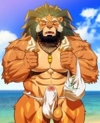 2017 5_fingers abs animal_humanoid anthro arsalan balls beard beige_penis biceps big_biceps big_muscles body_hair bottle brown_hair chest_hair chest_tuft clothed clothing cloud dessert detailed_background dripping erection eyebrows facial_hair feline food front_view fundoshi fur hair holding_object humanoid humanoid_hands humanoid_penis ice_cream japanese_clothing jewelry lion looking_at_viewer male male_only mammal muscular muscular_arms muscular_legs muscular_male necklace nude open_mouth outside partially_clothed pecs penis pink_tongue pubes red_eyes rossciaco sea sky solo sweat tan_balls tan_fur teeth thick_thighs tokyo_afterschool_summoners tongue translucent transparent_clothing tuft underwear vein veiny_penis water whiskers whistle