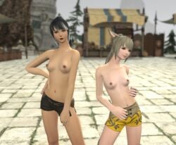 2girls catgirl final_fantasy_xiv miqo'te oc public_nudity shorts_only topless_female warrior_of_light_(ff14) zhloe_aliapoh