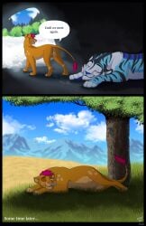 absurd_res after_sex after_vaginal animal_genitalia animal_vulva belly bodily_fluids caraluca cave closed_eyes comic cum cum_from_vagina cum_in_vagina cum_inside cum_string dialogue digital_media_(artwork) english_text erection feet felid feline_genitalia feline_vulva female feral fur genital_fluids genitals half-closed_eyes hi_res leaking_cum lion looking_back lying male male/female mammal multi_nipple narrowed_eyes nature nature_background nipples on_front outside pantherine paws penis plant pregnant pregnant_female pregnant_feral sleeping smile snow speech_bubble tail teats text tiger toes tree vulva