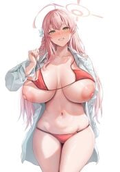 1girls ahoge artist_request big_breasts bikini bikini_top blue_archive halo hanako_(blue_archive) nipples pink_hair shirt swimsuit taking_clothes_off trinity_general_school_student