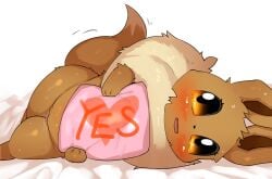 absurd_res animal_ears barely_visible_genitalia barely_visible_vulva blush bodily_fluids brown_body dipstick_tail eevee eyelashes female feral fur generation_1_pokemon genital_fluids genitals hi_res looking_at_viewer lying markings minami_juuji nintendo on_side paws pillow pokemon pokemon_(species) pupils quadruped smile solo tail tail_markings text thick_thighs vaginal_fluids vulva