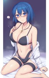 1girls black_swimsuit blue_eyes blue_hair breasts ciel_(tsukihime) exposed_breasts female glasses hakokitsu melty_blood short_hair sitting sitting_on_bed soukitsu swimsuit tsukihime type-moon variant_set