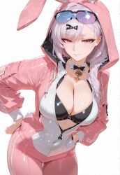 ai_generated animal_ears animal_hood bangs black_bra bodysuit bow bowtie bra breasts cleavage closed_mouth covered_navel detached_collar eyewear_on_head female hood jacket large_breasts long_hair long_sleeves looking_at_viewer minus5 open_clothes original_character partially_unzipped pink_bodysuit pink_eyes rabbit_ears simple_background smile solo sunglasses tail underwear white_background zipper zipper_pull_tab