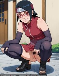 ai-created, ai_generated anus bare_shoulders black_gloves black_hair black_legwear black_nails black_thighhighs blush bodily_fluids boots boruto:_naruto_next_generations breasts censored clothing dress elbow_gloves exhibitionism eyewear fanbox_username feet female female_only female_pubic_hair fingerless_gloves footwear forehead_protector genital_fluids glasses gloves grin hands_on_own_knees headband headwear high_heels high_resolution konohagakure_symbol legwear looking_at_viewer medium_breasts mosaic_censoring nail_polish naruto naruto_(series) ninja nopan outdoors patreon_username pubic_hair public_indecency red-framed_eyewear red_dress red_eyes shoes short_hair sleeveless small_breasts smile solo spread_legs squatting thighhighs toeless_footwear toeless_legwear toenail_polish toenails toes uchiha_sarada username vagina vaginal_juice_puddle vaginal_juices web_address wodstudio
