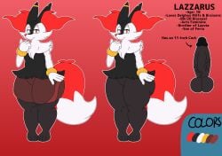 1boy 4_fingers 4_toes ass balls bedroom_eyes big_penis bisexual braixen character_sheet clothing color eyebrow_piercing fan_character feminine_male fox furry huge_penis lazzarus_(shadonictheedge) looking_at_viewer male multicolored_body multicolored_fur oc penis piercing pokemon pokemon_(species) red_eyes red_fur red_tail ring shadonictheedge shorts smile tagme tail thick_thighs wide_hips