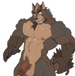 2017 anthro balls bara brown_fur canid canine canis furry humanoid_penis male muscular muscular_male open_mouth pecs penis saltypoundcake solo veiny_penis werewolf white_background wolf
