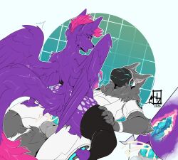 anthro blue_penis bodily_fluids breasts canid canine canis clothing cowgirl_position cum cum_in_vagina cum_inside duo female female_on_top fox from_front_position fur genital_fluids genitals grey_body grey_fur hi_res hyena knot lazer_the_protogen legwear luna_the_wolhyakeet machine male male/female male_on_bottom mammal mohawk on_bottom on_top parakeep penetration penile penile_penetration penis protogen purple_body purple_fur purple_insides purple_internal sex shindekitty spread_wings stockings thigh_highs unusual_insides wings wolf x-ray_view