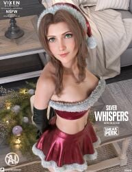 1girls 3d 3d_(artwork) 3d_model 3d_render aerith_gainsborough big_breasts brown_hair christmas christmas_decorations christmas_outfit christmas_topwear cleavage elbow_gloves final_fantasy final_fantasy_vii final_fantasy_vii_rebirth final_fantasy_vii_remake green_eyes highres latex latex_gloves latex_legwear latex_thighhighs long_hair looking_at_viewer medium_breasts midriff patreon patreon_username santa_hat tubetop vixen_bildhauer