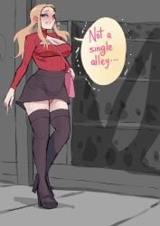 1girls alternate_costume barbara_(biku) biku black_thighhighs blonde_hair blue_earrings blue_eyes blush breasts cleavage cleavage_cutout clenched_teeth earrings english_text female have_to_pee large_breasts long_hair long_sleeves official_alternate_costume original original_character panties pantyshot pink_panties red_turtleneck skirt sole_female solo solo_female solo_focus speech_bubble thighhighs turtleneck underwear