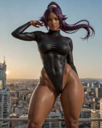 ai_generated big_ass big_breasts bleach bouncing_breasts curves curvy purple_hair shihouin_yoruichi spandex tan_body thick_ass thick_thighs wide_hips