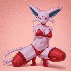 1girls ai ai_generated anthro big_breasts bra breasts crouching ear eeveelution espeon female forehead_jewel frosting.ai fur generation_2_pokemon legs_open legs_spread legwear looking_at_viewer nintendo nipple_outline non-nude open_legs opening_legs panties pink_eyes pink_fur pink_tail pointy_ears pokemon pokemon_(species) red_legwear red_lingerie red_underwear solo squat squatting tail thick_thighs thighs tummy underwear