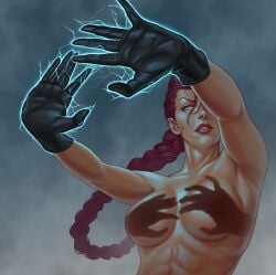 abs braid breasts convenient_censoring convenient_censorship corvusglaive99 crimson_viper female female_only gloves hands_casting_shadow meme milf reference solo street_fighter