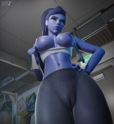 1girls 3d 3d_(artwork) big_ass cameltoe female female_focus female_only hasfeldt huge_ass leggings looking_at_viewer overwatch widowmaker yoga yoga_pants