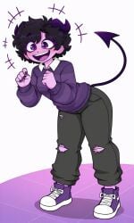 ai_generated demon_girl demon_horns demon_tail excited full_body fully_clothed jellybean_(mcyt) jellybean_(youtube) purple_and_white_shoes purple_eyeliner purple_eyes purple_hair purple_nails purple_skin purple_striped_sweater ripped_jeans smiling sparkling_eyes youtuber
