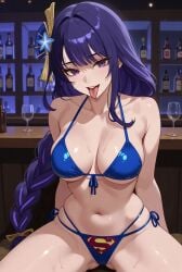 1girls ai_assisted ai_generated background bar_(place) bikini bikini_bottom bikini_top blue_bikini crossover dc dc_comics expressions fair_skin female genshin_impact hair_ornament legs_apart legs_spread purple_eyes purple_hair raiden_shogun solo solo_female solo_focus superman superman_(cosplay) superman_(series) superman_logo sweat sweatdrop sweaty sweaty_body themed_clothes tongue_out