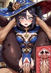 1boy ai_generated asymmetrical_bangs bangs black_choker black_gloves black_hair blue_headwear blue_leotard blush bodystocking breasts brown_pantyhose cape cervix choker clitoris clothed_female_nude_male clothed_sex clothing covered_navel cowgirl_position cross_section crotchless cum cum_in_pussy cum_overflow ejaculation female folded full_nelson fur_collar fur_trim genshin_impact gloves gold_trim green_eyes grey_eyes hair_between_eyes hair_ornament hat hat_ornament headwear highleg_leotard indoors internal_cumshot jewelry jousneystudio large_penis legs_up legwear leotard lifting_person long_hair looking_down male medium_breasts mona_(genshin_impact) nakadashi nude open_mouth pantyhose penis pussy reverse_suspended_congress semen sex sex_from_behind solo_focus spread_legs star_(symbol) straight sweat teeth thighs torn_clothes torn_pantyhose twintails uterus vagina vaginal_penetration veins veiny_penis witch_hat