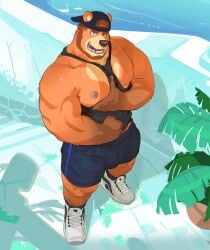 2022 backwards_baseball_cap backwards_cap backwards_hat bara bara_tiddies bara_tits barazoku bear bear_boy beard black_shirt black_socks black_tank_top blue_baseball_cap blue_clothes blue_clothing blue_shorts bulge cap chinstrap_beard crotch_bulge derek_honnington_(saltypoundcake) facial_hair flexing furry gay grey_eyes groping groping_breast groping_breasts groping_chest groping_own_breast groping_pec groping_pecs groping_self himbo looking_at_viewer male male_only manly masculine masculine_male mediterranean muscular muscular_male orange_fur outdoors outside penis_bulge plant saltypoundcake shoes shorts showing_breasts showing_chest showing_off showing_pecs solo sunlight sweatdrop tan_body tan_fur tank_top tennis_shoes touching_chest vague_background white_shoes white_stone