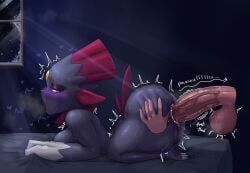 1girls anal anal_sex big_ass cum cum_in_ass cum_inside darkafterdark disembodied_penis doggy_style floating_penis grabbing_ass gripping large_penis looking_back on_bed penis pokemon pokemon_(species) pull_out shortstack side_view straight sweat throbbing_penis weavile