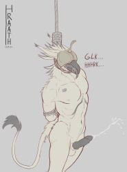 anthro asphyxiation athletic athletic_male avian balls barcode beak bird_hood bodily_fluids bondage bound breath_play cum cumshot ejaculation genital_fluids genitals gryphon guy_a hands_behnd_back hi_res hood hraath hydro imminent_death male mythological_avian mythological_creature mythology nipples non-mammal_balls non-mammal_nipples noose nude peril rope simple_background snuff solo solo_male tail tail_fluff