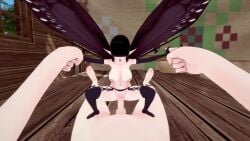 1boy 1boy1girl 3d_animation 60fps animated big_breasts big_insertion black_hair black_lips black_lipstick black_wings elf_ears fairy fairy_wings fantasy female gloves pallasmanul sex small_penis socks stockings tagme tongue tongue_out video white_boy_summer(game)