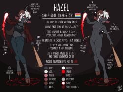 4:3 anthro baseball_bat bat_(object) bottomwear bovid capri_pants caprine casting_spell chest_scar clothing color_swatch crop_top cropped_tank_top curled_horn denim denim_bottomwear denim_clothing english_text espressothegoat female fire fireball genitals goat goat_tail grey_body hair hazel_(espressothegoat) hi_res holding_baseball_bat hooves horizontal_pupils horn hybrid jacket jeans lgbt_pride magic_user mammal midriff model_sheet nipple_piercing nipples nude nude_anthro nude_female occult_symbol off/on pansexual_pride_colors pants pentagram piercing pride_colors pupils red_eyes scar sheep sheep-goat sheep_ears shirt solo symbol text topwear vulva white_hair witch wool_hair