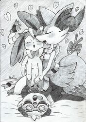 anthro bedding blush bow braixen breasts clitoris cowgirl_position cum drooling ear_fur eeveelution erection eyewear female feral fingering fullfolka goggles group group_sex heart larger_female leaf looking_pleasured lying male monochrome navel nintendo nipples on_top open_mouth pancham penetration penis pokémon_(species) pokemon pokemon_(species) pussy pussy_juice saliva sex signature size_difference sketch smaller_male stick straight sylveon threesome traditional_media_(artwork) vaginal_penetration video_games