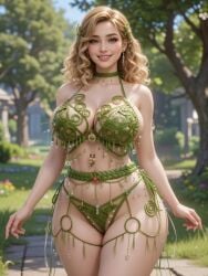 1girls ai_generated beautiful blonde_hair blurred_background blurry_background choker earrings fancy_clothing fantasy_clothing female grok hair_ornament hair_over_shoulder leaf_bikini leaf_clothing nature_background rgomez007 semi-realistic sideboob smile solo_female teeth_showing thick_thighs tree voluptuous voluptuous_female wavy_hair wide_hips