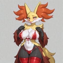 1girls ai ai_generated anthro big_breasts black_legs blush bra breasts delphox ear female fist fox_ears fox_girl fox_tail frosting.ai generation_6_pokemon hands_over_breasts hands_up legwear nintendo nipple_outline non-nude panties pink_areola pointy_ears pokemon pokemon_(species) red_bra red_eyes red_legwear red_lingerie red_panties red_underwear solo standing tail thick_thighs thighs tongue tongue_out tummy underwear yellow_tail