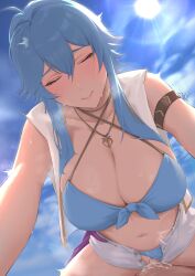 1boy 1girl absurdres ahoge armlet bare_arms bikini bikini_bottom_aside bikini_under_clothes blue_bikini blue_hair blue_pubic_hair blue_sky breasts cleavage closed_eyes closed_mouth clothing_aside cloud collarbone colored_pubic_hair commentary commission cowgirl_position cum cum_in_pussy day ejaculation english_commentary female_pubic_hair fire_emblem fire_emblem:_genealogy_of_the_holy_war front-tie_bikini_top front-tie_top furo_atsushi girl_on_top hair_between_eyes halterneck hetero highres jewelry large_breasts navel necklace original outdoors pov pov_crotch pubic_hair second-party_source selia_(mrtalkingdino) sex short_shorts shorts sidelocks skindentation sky smile solo_focus stomach straddling sun swimsuit thighs vaginal variant_set white_shorts