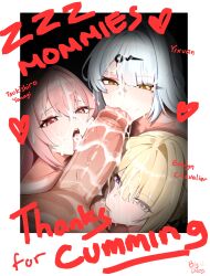 3girls absurdres after_ejaculation artist_name big_ddos blonde_hair collarbone commentary cooperative_fellatio crossed_bangs cum cum_in_mouth cum_on_body cum_on_hair cum_on_penis cum_on_tongue english_commentary english_text evelyn_chevalier eyes_visible_through_hair facial fellatio group_sex hair_ornament hair_over_one_eye hairclip heart highres large_penis licking licking_penis long_hair mole mole_under_eye multiple_girls nude oral paid_reward_available parted_bangs penis pink_eyes pink_hair polaroid_photo pov pov_crotch purple_eyes single_hair_intake teamwork_(sexual) testicle_sucking tongue tongue_out tsukishiro_yanagi uncensored white_hair yellow_eyes yixuan_(zenless_zone_zero) zenless_zone_zero