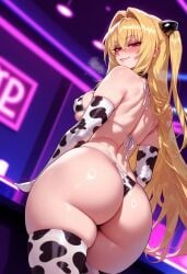 1girls ai_generated animal_print ass back balecxi bangs bare_shoulders bikini biting_own_lip blonde_hair blurry_background blush breasts clothing cow_print cow_print_bikini cowboy_shot curvaceous curvaceous_female curvaceous_figure curvy curvy_figure elbow_gloves female female_focus female_only from_behind gloves hair_intakes hair_ornament inviting inviting_to_sex konjiki_no_yami large_breasts legwear lips long_hair looking_at_viewer looking_back presenting presenting_ass presenting_breasts presenting_hindquarters presenting_self print_bikini print_gloves print_thighhighs red_eyes seductive seductive_look seductive_smile shiny_skin sideboob skindentation smile solo standing string_bikini stripper sweat swimsuit thick_thighs thighhighs thighs thong thong_bikini to_love-ru to_love-ru_darkness two_side_up very_long_hair voluptuous voluptuous_female white_bikini white_gloves