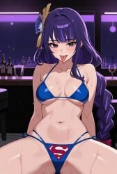 1girls ai_assisted ai_generated background bar_(place) bikini bikini_bottom bikini_top blue_bikini crossover dc dc_comics expressions fair_skin female genshin_impact hair_ornament legs_apart legs_spread purple_eyes purple_hair raiden_shogun solo solo_female solo_focus superman superman_(cosplay) superman_(series) superman_logo sweat sweatdrop sweaty sweaty_body themed_clothes tongue_out