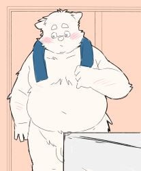 2026 absurd_res anthro balls barely_visible_genitalia barely_visible_penis belly blush canid canine canis domestic_dog genitals hi_res inunoshippo kemono male mammal moobs navel overweight overweight_male penis solo standing towel towel_around_neck