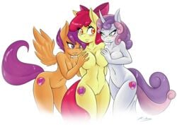 2016 3girls aged_up amber_eyes ambris anthro anthrofied apple_bloom_(mlp) bent_over big_breasts blush breast_grab breast_size_difference breasts casual cutie_mark cutie_mark_crusaders earth_pony equine eye_contact eyebrows eyelashes eyeshadow feathered_wings feathers female friendship_is_magic green_eyes group hair hair_on_head hair_ribbon hairbow half-closed_eyes hand_on_breast hands_behind_back horn horse makeup mammal multicolored_hair multicolored_tail my_little_pony navel nude orange_feathers pegasus pink_hair pony purple_eyes purple_hair pussy red_hair ribbons scootaloo_(mlp) simple_background smile sweetie_belle_(mlp) two_tone_hair unicorn white_background wide_hips wings yuri