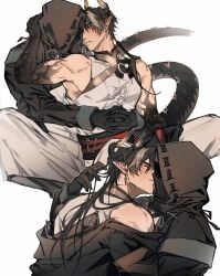 2boys arknights arm_up blush brown_hair chinese_clothes chong_yue_(arknights) dragon_boy dragon_horns dragon_tail earrings facing_another full_body gay gay_male gloves gyulseu hair_over_shoulder hand_in_another's_hair hood hood_up hooded_coat horns imminent_kiss jewelry long_hair looking_at_another low_ponytail male_doctor_(arknights) male_focus mask multiple_boys multiple_views parted_lips pointy_ears ponytail red_eyes simple_background sleeveless tail very_long_tail white_background yaoi