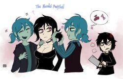 andrew_graves anger_vein angry ashley_graves better_half black_hair blue_nails bow bra_strap breasts breath_cloud cleavage cleaver_(knife) clones clothed colored_nails female fixing_hair flowers grabbing_hair group hair_clip hand_on_shoulder human jacket_open jealous male open_mouth pink_eyes ponytail question_mark siblings smile spec_almond spec_almond_(artist) speech_bubble teal_body teal_eyes teal_hair teal_skin the_coffin_of_andy_and_leyley thiu vest weapon