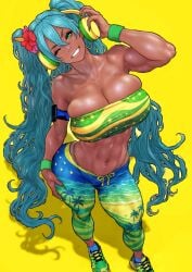 1girls 2d_(artwork) abs aqua_hair armband b_0_rukia big_breasts blue_socks brazilian brazilian_female brazilian_miku breasts cleavage clothed dark-skinned_female dark_skin fake_nails female forbidden_pants from_above green_eyes green_nails hair_flower hatsune_miku head_tilt headphones hoop_earrings hoop_earrings_oversized large_breasts long_hair long_nails looking_at_viewer midriff muscular_thighs navel necklace panty_straps skin_tight skindentation sneakers socks solo thick_thighs toned toned_female tubetop twintails very_long_hair vocaloid winking winking_at_viewer yellow_background yoga_pants