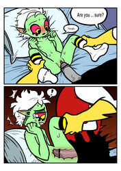 alien blush breasts clothing comic english_text female freckles green_skin hair humanoid lord_dominator lord_hater male nipples pussy red_eyes straight teeth text unknown_artist wander_over_yonder white_hair young