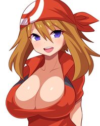 1girls :d alternate_breast_size anime_style bad_id bandana blue_eyes blush bouncing_breasts breasts brown_hair center_opening cleavage collarbone female female_only heart highres huge_breasts human human_only konno_tohiro large_breasts looking_at_viewer may_(pokemon) nintendo open_mouth paizuri_invitation pokemon pokemon_rse simple_background smile solo upper_body white_background